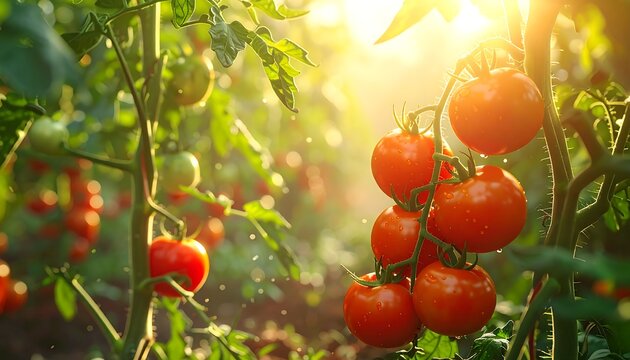 Ripe red tomatoes on vine plants bask in sunlight in a garden or greenhouse, lush, vibrant & healthy