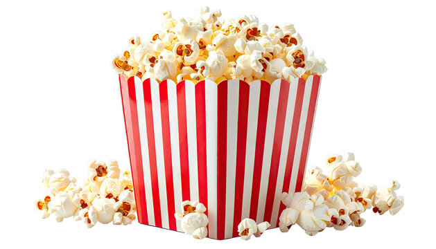 Full striped red and white popcorn container spilling some out