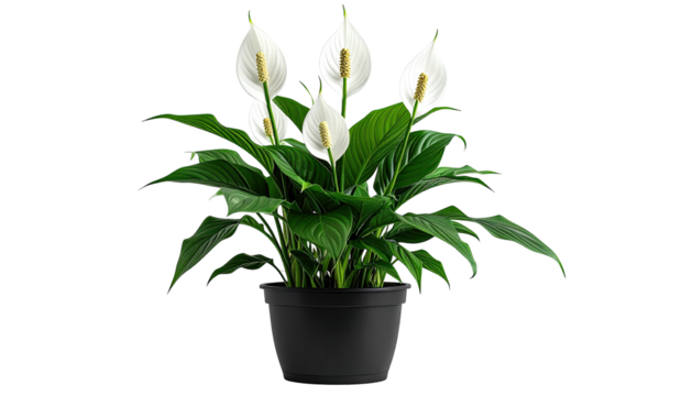Potted peace lilies bloom, lush leaves against black background - Powered by Adobe