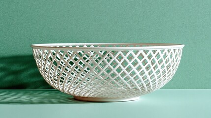 Fototapeta premium A white decorative bowl with an intricate diamond pattern sits on a teal surface, casting a soft shadow. The background is a textured teal wall, illuminated by gentle lighting.