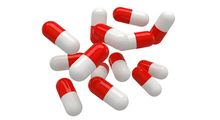 Pile of red and white medical capsules floating against black background medicine pills