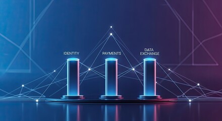 Futuristic Data Analysis Pillars with Network Connections and Glowing Elements.
