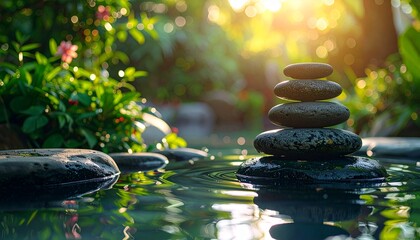 Stacked stones balance peacefully on a rock in a tranquil pond surrounded by lush greenery, creating a serene and meditative atmosphere.