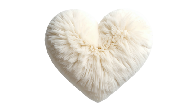 Fluffy, white heart-shaped cushion against black backdrop