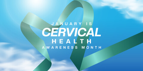 January is National Cervical Health Awareness Month. Ribbon, sun and cloud. Suitable for posters, banners and social media. Blue background.
