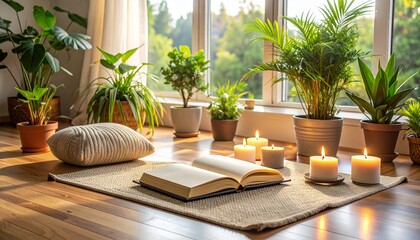 Open book rests on rug surrounded by potted plants and lit candles near window in bright room, creating peaceful and cozy atmosphere.