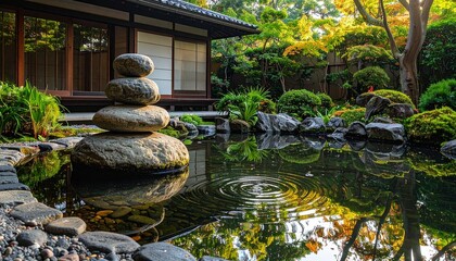 Stacked stones balance near tranquil pond reflecting traditional Japanese house in peaceful garden, creating serene and meditative atmosphere.