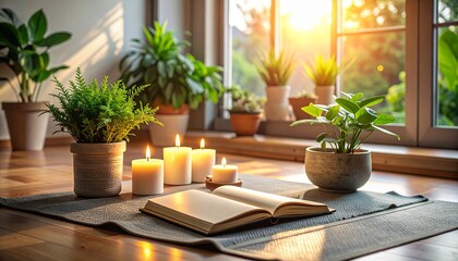 Open book rests on yoga mat surrounded by candles and potted plants near sunlit window creating a peaceful and relaxing atmosphere.