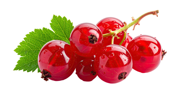 Glossy red currants clustered with stem, leaf