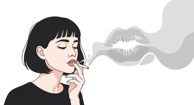 Woman with bob haircut smoking cigarette exhaling lips shaped smoke art vector