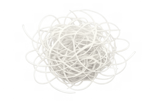 Tangled white thread ball representing confusion, complexity, problem solving, challenge, and connection on transparent background - Powered by Adobe