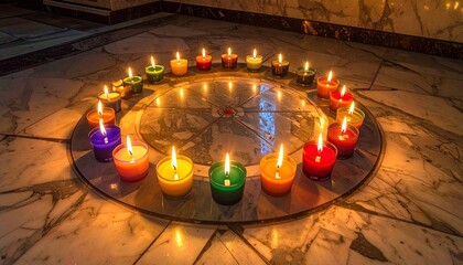 Colorful candles burn brightly in a circle on a marble floor, creating a warm and peaceful atmosphere in a religious setting.
