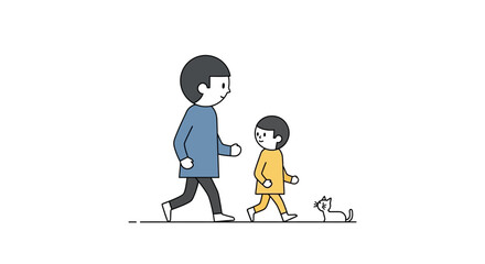 Father and son stroll together with their cute feline companion in a simple drawing style