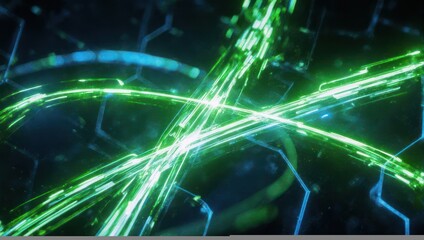 Abstract green light trails crossing each other in a dark background.