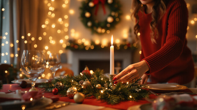 christmas decoration with candles. Christmas decorations at home. Woman placing the candle at Christmas holidays. Ai image.