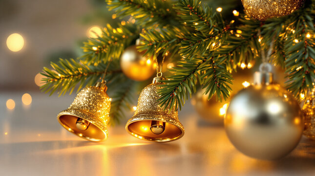 christmas tree decoration with bell. Closeup image of Christmas bell, Christmas tree and party ball. New year 2026.