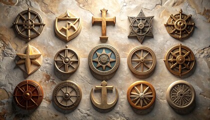 Collection of nautical symbols carved into stone wall depicting exploration and navigation in a vintage, textured style, creating a sense of history and adventure.