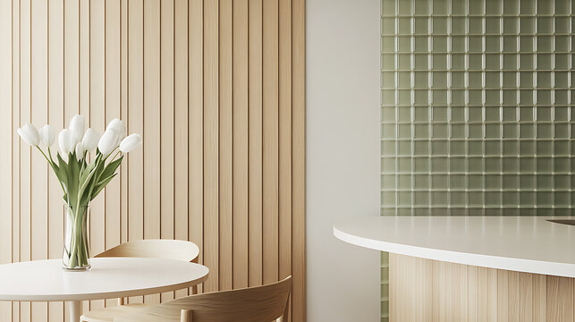Minimalist interior with light wood panels & tiled wall. White tulips in a vase add a fresh touch to the room. Clean design creates a calming atmosphere, perfect for relaxation.
