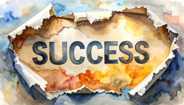 Ripped paper effect watercolor, revealing "SUCCESS" over warm colors. Abstract design. Optimism concept art - Powered by Adobe