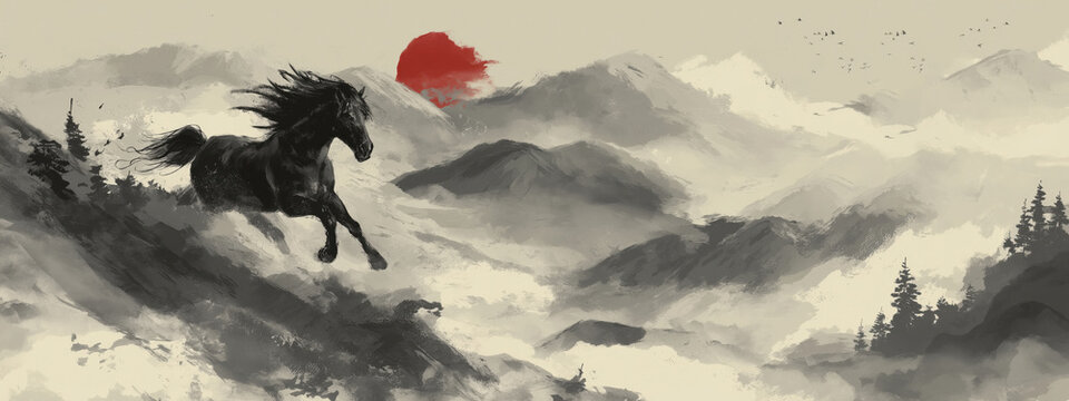 A dynamic ink brush horse galloping through swirling clouds.  New Year poster design, 2026 celebration materials, cultural branding, zodiac festival promotions, traditional art exhibitions, holiday