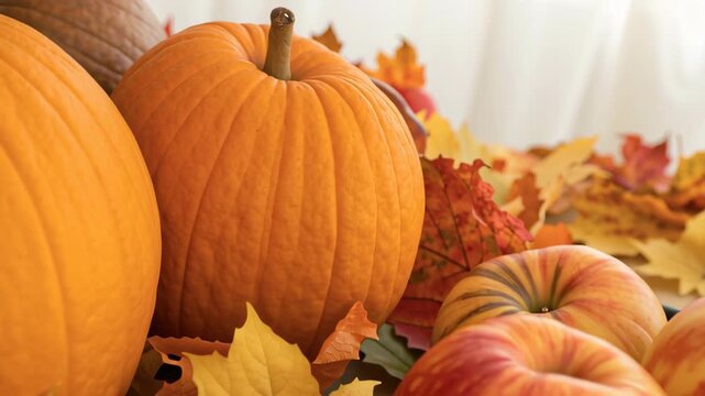 Harvest festival for mindfulness. Autumn Harvest Scene Cozy Atmosphere with Pumpkins, Apples, Nuts, Cinnamon, and Fall Leaves for Festive Snack