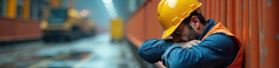 Exhausted construction worker slumped against a safety barrier, hard hat askew, reflecting the weariness of a demanding job with inherent risks , construction safety, tired worker, site