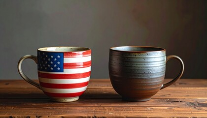 Two ceramic mugs sit on wooden table, one adorned with American flag, the other with earthy tones, creating patriotic and rustic ambiance.