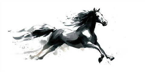 Obraz premium A dynamic ink brush horse galloping through swirling clouds. New Year poster design, 2026 celebration materials, cultural branding, zodiac festival promotions, traditional art exhibitions, holiday