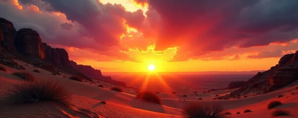 Fiery sunset over a desert landscape, evoking the strength and passion associated with the Aries zodiac sign The vibrant colors symbolize energy and dynamism , orange, red, clouds