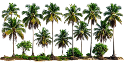 Beachy, row of coconut trees with greenery against black backdrop