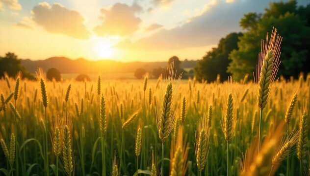 Golden hour sunlight bathes a lush summer field, ripe crops swaying gently in the warm breeze Abundant harvest, ready for gathering A picturesque scene of agricultural abundance , green, field