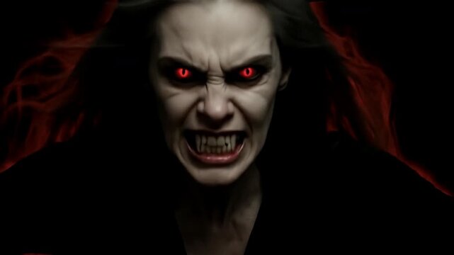 Vampire Woman with Red Glow Emerging from Darkness and Attacking Close-Up