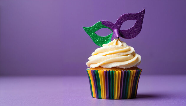 Colorful cupcake with cream and decorative mask on purple background  