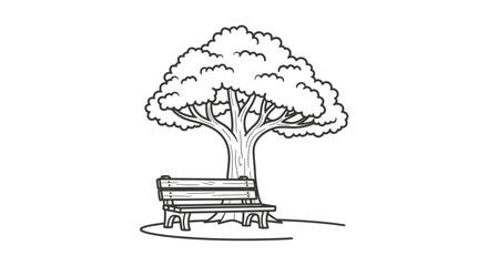 Sketch of a serene resting spot under a tree in a park, a wooden bench invites relaxation and