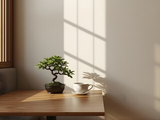 Modern Japanese Minimalist Café Corner — 3D Realistic Render with Bonsai and Coffee Cup in Warm Natural Light