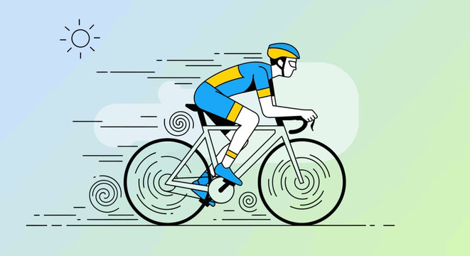 Dynamic cyclist illustration with bold lines conveying speed and freedom of movement on pastel