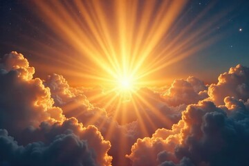 Fototapeta premium Golden sunburst rays bursting through clouds, creating a dramatic and vibrant celestial scene Perfect for backgrounds, websites, or any project needing a radiant, heavenly feel , nature, sunshine