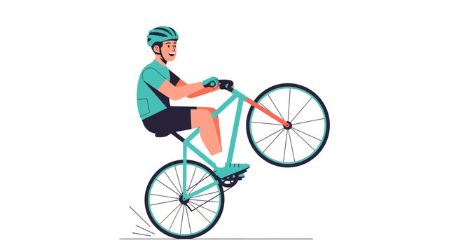 Adventurous cyclist performing a wheelie stunt displaying balance and skill on a bicycle