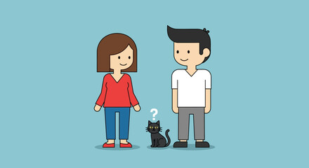 Cartoon couple finds a lost black cat and wonders who is the owner of the pet