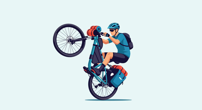 Adventurous cyclist performs wheelie on fully loaded touring bike minimalist design