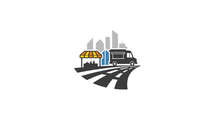 Urban food truck and market stall with city skyline on converging roads, symbolizing mobile commerce and street food culture.