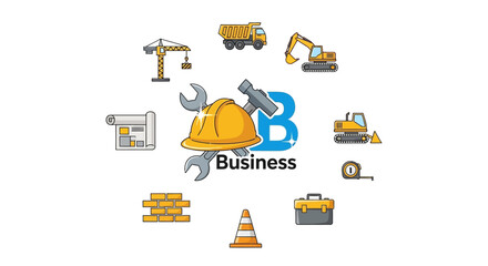 Construction business concept with industrial equipment icons like a crane, truck, and excavator surrounding a central logo.