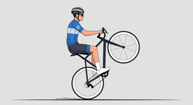 Cyclist performing a wheelie on a road bike, showcasing balance and skill in cycling stunt