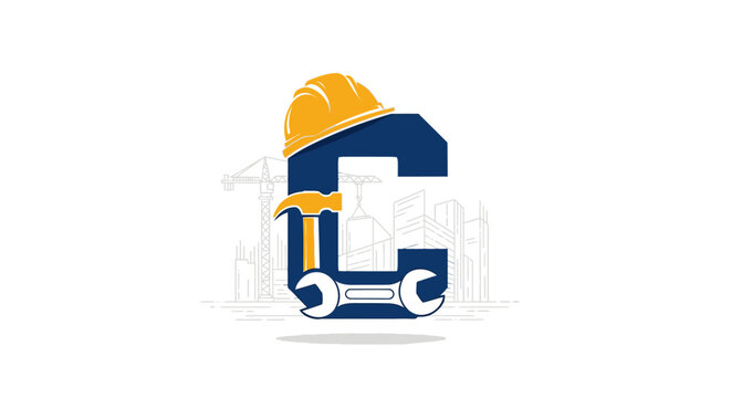 Construction company logo design featuring the letter C with a hard hat, hammer, and wrench on a white background.
