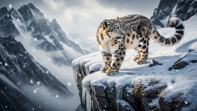 Majestic Snow Leopard on Snowy Mountain Cliff.