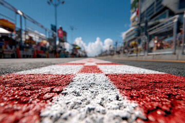 A ground-level view of the race track start on a sunny day. High-speed concept. Race track.