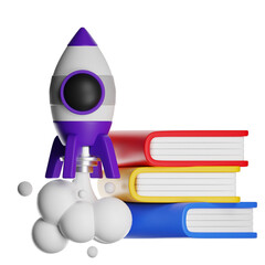 Rocket launching from stack of books symbolizing education success