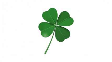 Isolated image showing a green four leaf clover with a stem on a plain white background surface