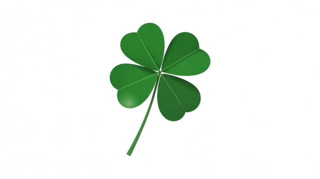 Isolated image showing a green four leaf clover with a stem on a plain white background surface