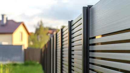 Fototapeta premium A modern horizontal plank fence in the yard. The fence is constructed with aluminum. The yard has a house and grass in the distance providing privacy and security to the residence.